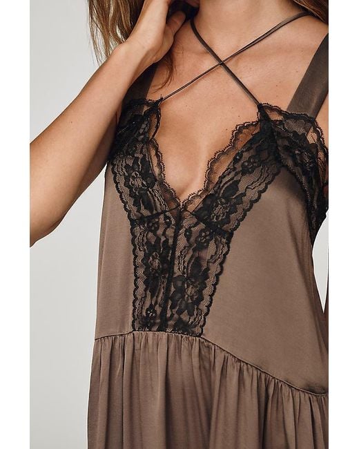 By Anthropologie Brown Lace-Trim Mini Slip Dress