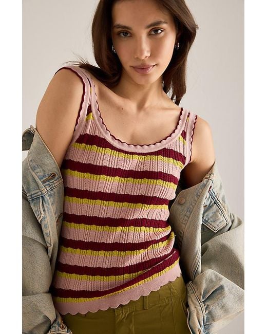 By Anthropologie Brown Pointelle Scallop Tank Top