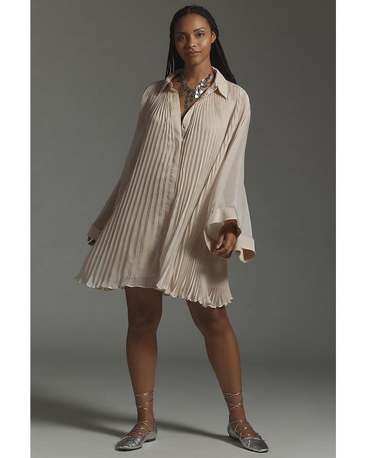 Maeve Gray Long-Sleeve Pleated Mini Shirt Dress