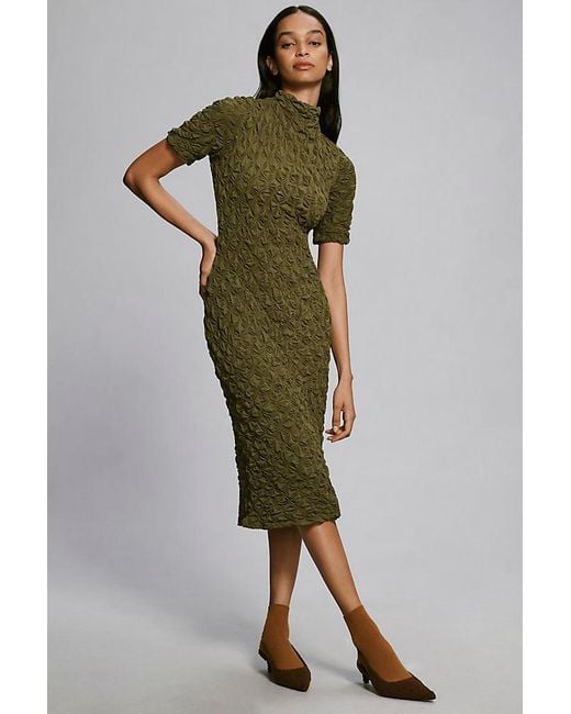 Maeve Brown Short-sleeve Scrunch-textured Midi Dress