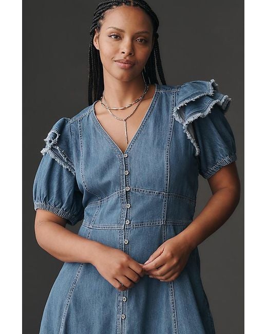 Pilcro Blue Short-Sleeve Ruffled Midi Shirtdress