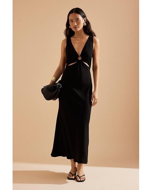 By Anthropologie Lola V-Neck Linen-Blend Midi Dress in Black | Lyst UK