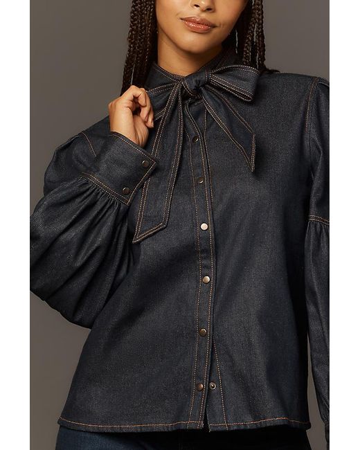 Forever That Girl Gray Long-Sleeve Tie-Neck Denim Buttondown Shirt