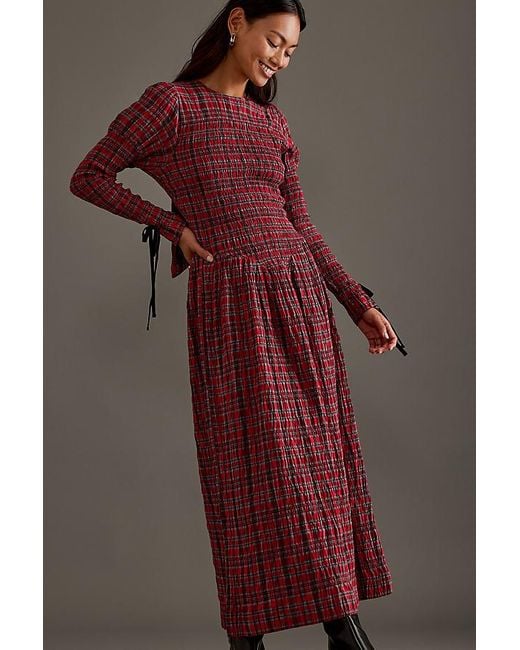 alice shirred midi dress Damson Madder Alice Shirred Drop-Waist Midi Dress