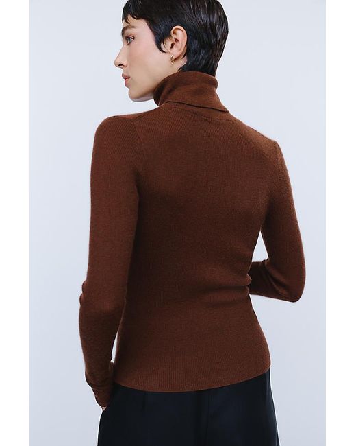 Maeve Brown 100% Cashmere Ribbed Turtleneck Top