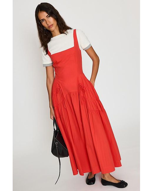 By Anthropologie Red Ruched Bow Midi Pinafore Dress