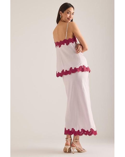 By Anthropologie Pink Lace Trim Bias Midi Slip Skirt