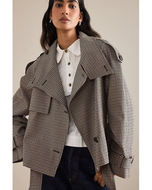 By Anthropologie Brown Check Cropped Trench Coat