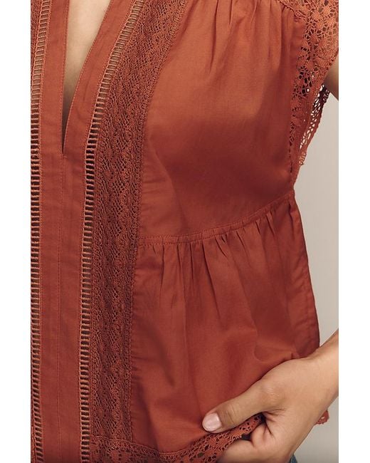 By Anthropologie Red Short-Sleeve Lace-Trim Swing Blouse