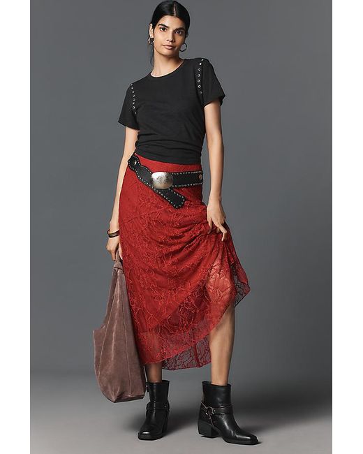 By Anthropologie Red Asymmetrical Drop-Waist Lace Midi Skirt