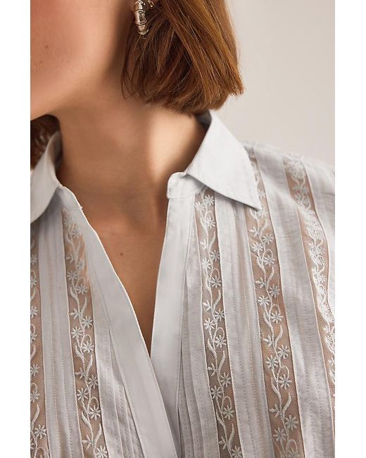 By Anthropologie Natural Lace Inset Long-Sleeve Buttondown Top