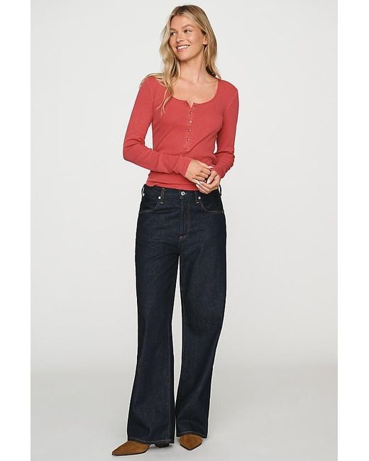Pilcro Red Ribbed Long-Sleeve Henley Top