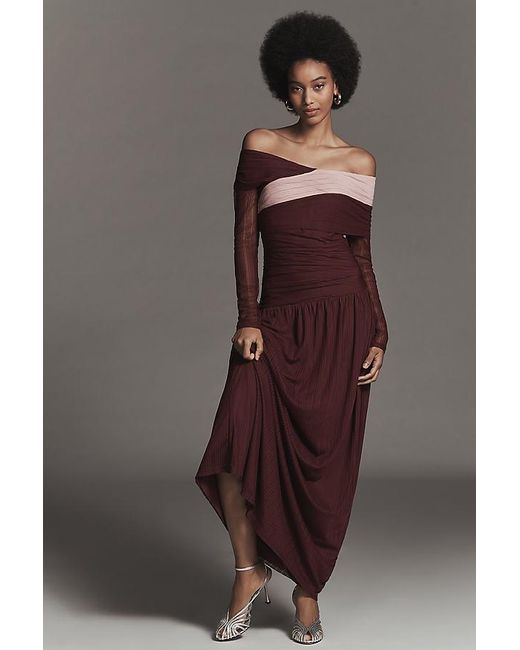 SOVERE Brown Cascade Long-Sleeve Off-Shoulder Mesh Maxi Dress