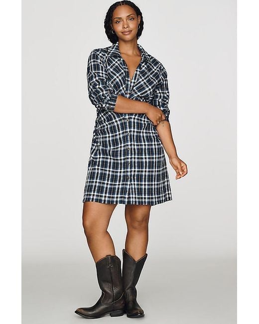 Pilcro Blue Ruched Mini Shirt Dress