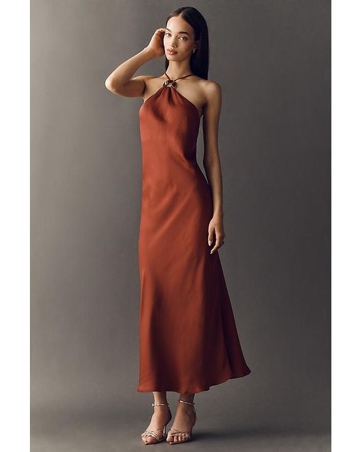 By Anthropologie Red Halter Slip Midi Dress