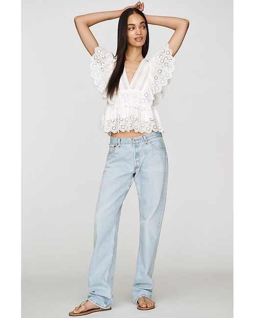 By Anthropologie White Ruffle Eyelet Cotton Poplin Top