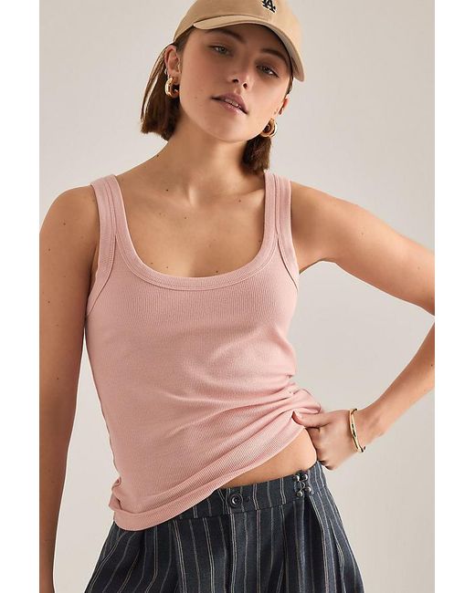 By Anthropologie Blue Ribbed Scoop Tank Top