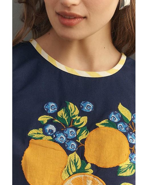 Maeve Blue Fruit Embroidered Top