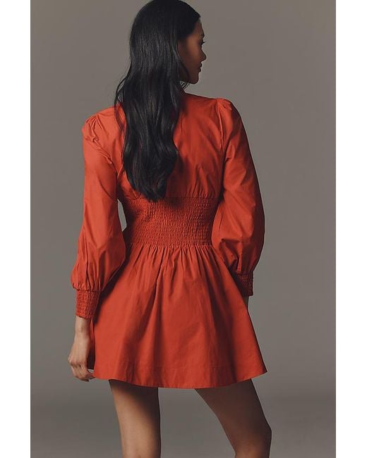 By Anthropologie Red The Tommie Smocked Front-Zip Shirt Dress: Long-Sleeve Mini Edition