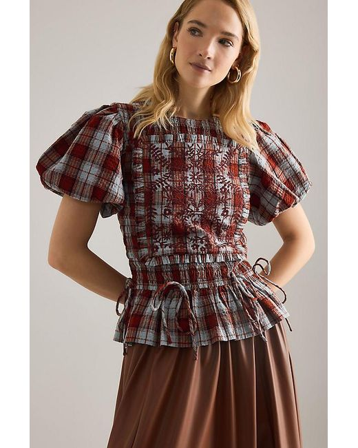 Damson Madder Brown Audrey Puff-Sleeve Check Blouse