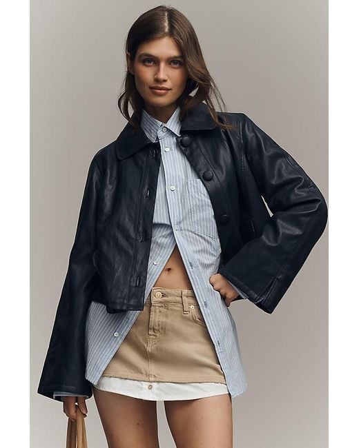 Maeve Blue Faux-Leather Retro Swing Jacket