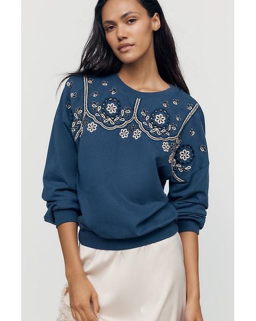 By Anthropologie Blue 100% Cotton Embroidered Sweatshirt