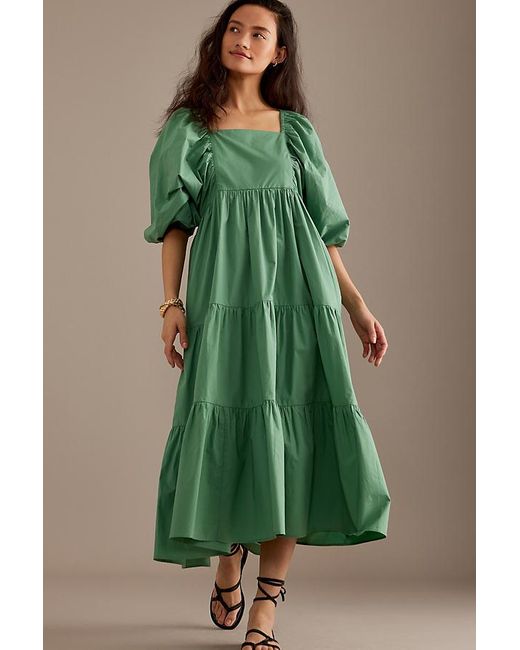 Nobody's Child Green Ruby Puff-sleeve Tiered Dress