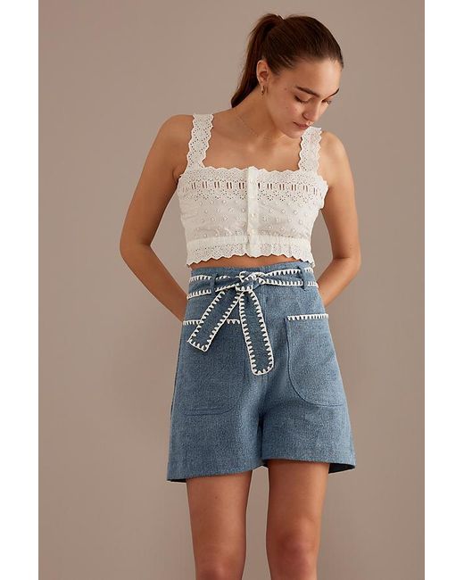 Louise Misha Blue Virgin Embroidered High-waisted Shorts