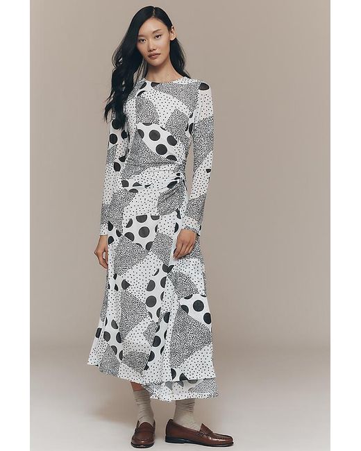 By Anthropologie Gray Long-Sleeve Ruched Mesh Midi Dress