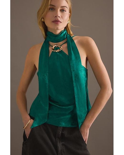 By Anthropologie Green Satin Scarf-Detail Halter Top