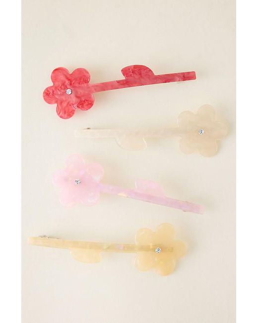 Anthropologie Pink Flower Barrette Hair Clips, Set Of 4