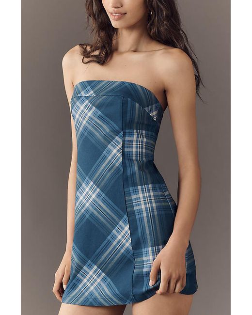 Aston Studio Blue Kaia Strapless Linen Cotton Mini Dress