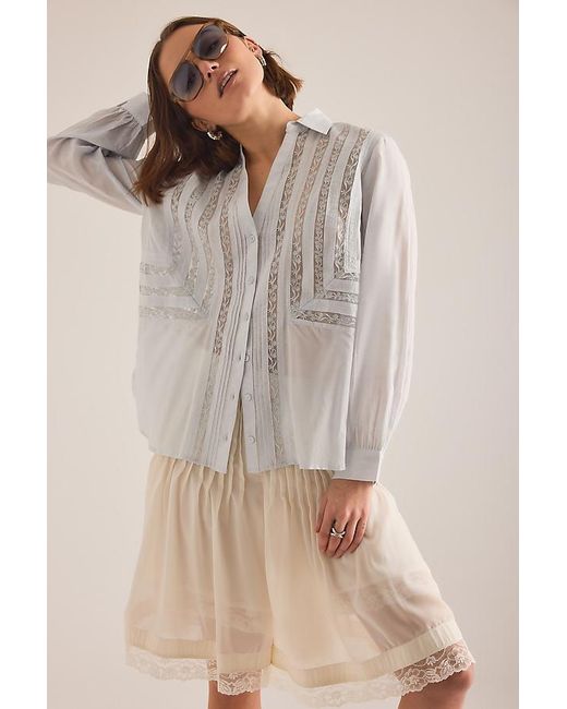 By Anthropologie Natural Lace Inset Long-Sleeve Buttondown Top