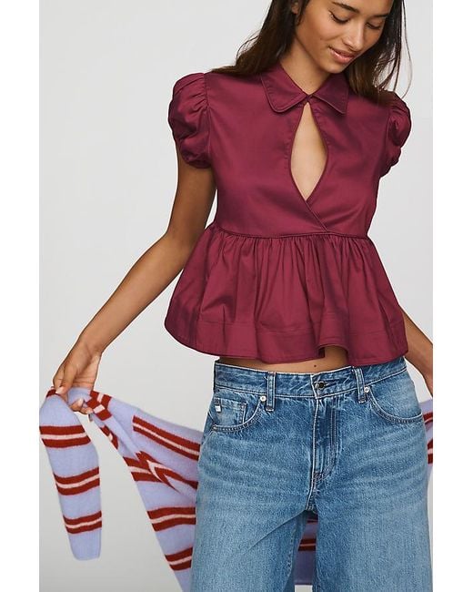 Maeve Red Keyhole Ruffled Peplum Blouse