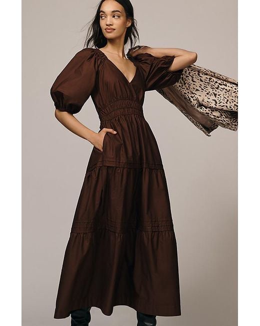Maeve Black Smocked V-Neck Half-Sleeve Tiered Midi Dress