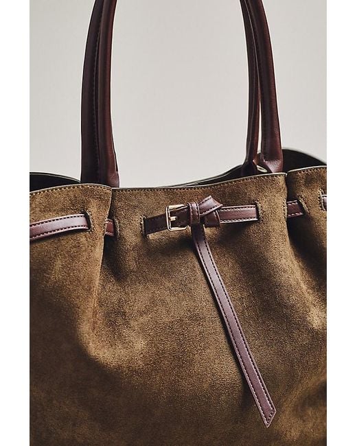 By Anthropologie Brown Faux-Suede Belted Tote Bag