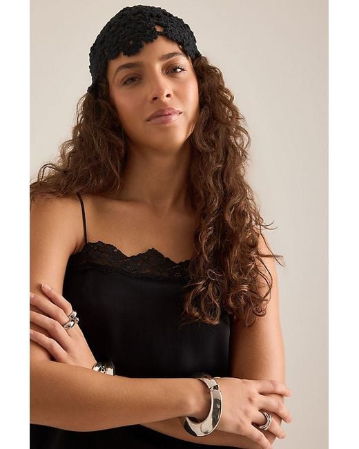 Anthropologie Black Flower Crochet Skull Cap