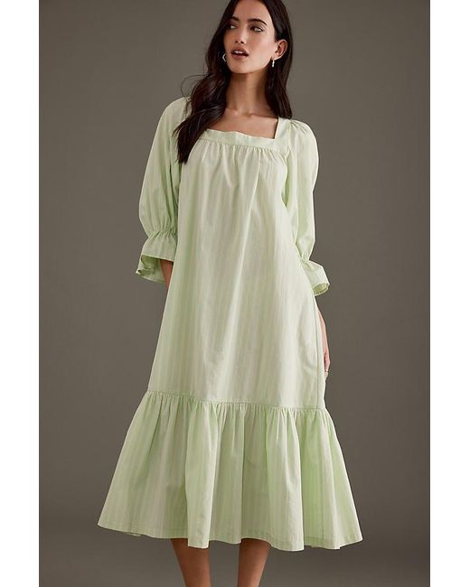 Stella Nova Green Frill-sleeve Square-neck Midi Dress