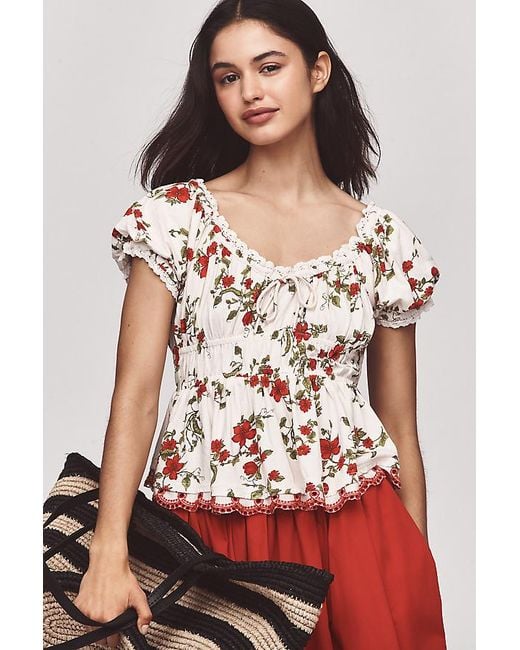 Maeve Red Short-Sleeve Sweetheart-Neck Peplum Top