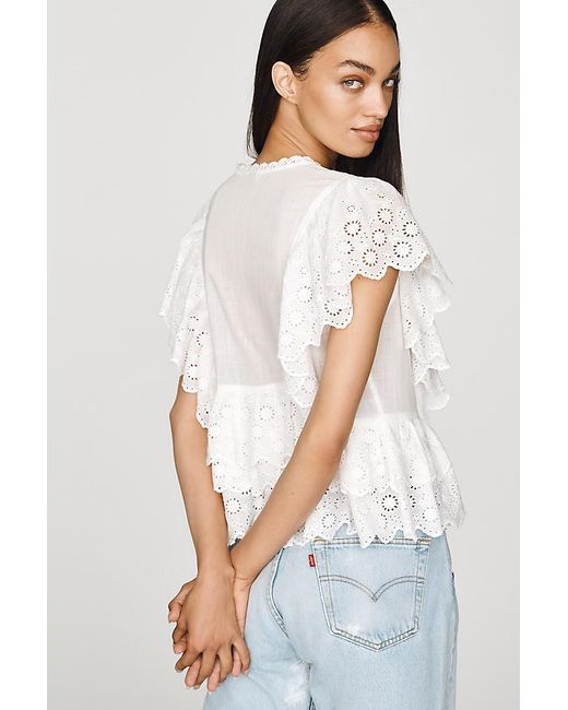 By Anthropologie White Ruffle Eyelet Cotton Poplin Top