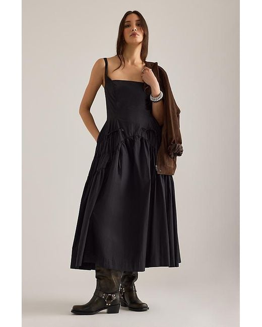 By Anthropologie Black Ruched Bow Midi Pinafore Dress