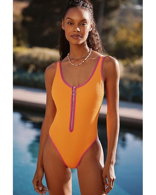 Seafolly Orange Beach Bound Zip-Front One-Piece Swimsuit