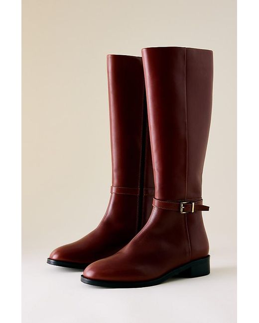 Maeve Red Buckle-Strap Riding Boots