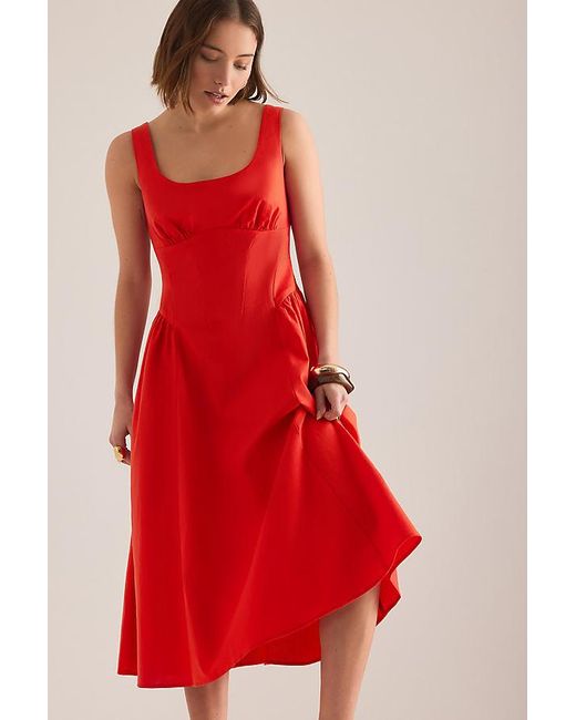 By Anthropologie Red Livy Cotton-Linen Hourglass Midi Dress