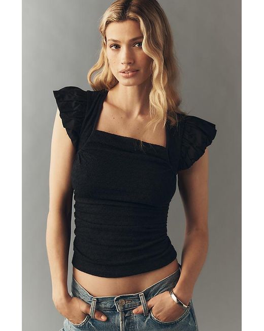 Maeve Black Flutter-Sleeve Square-Neck Top