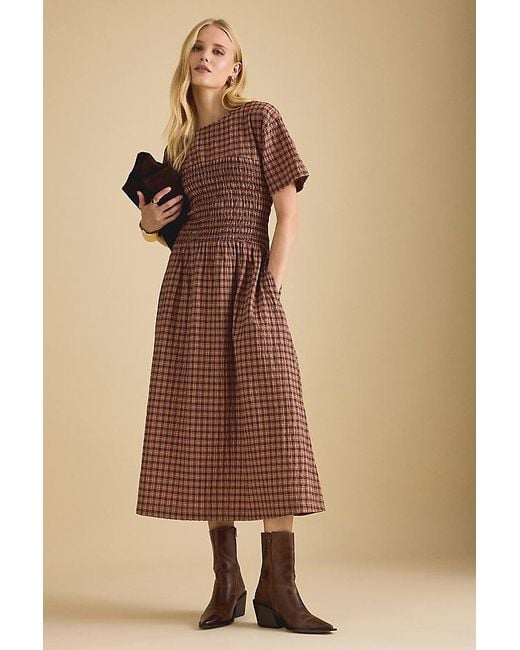 By Anthropologie Brown Fern Smocked Short-Sleeve Midi Dress