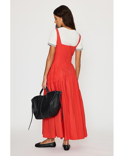 By Anthropologie Red Ruched Bow Midi Pinafore Dress