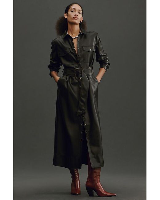 Pilcro Black Long-sleeve Faux Leather Belted Midi Dress