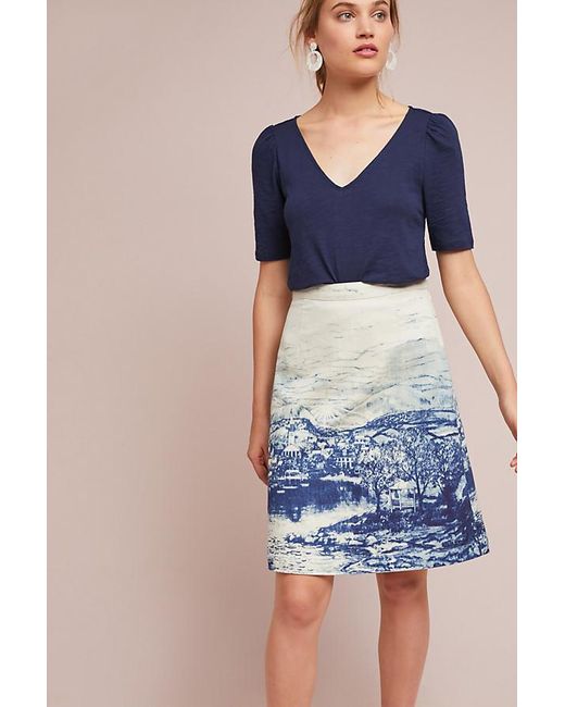 Anthropologie Blue Landscape-printed Denim Skirt