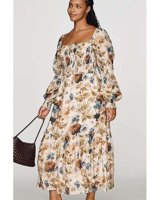 By Anthropologie Natural Puff-Sleeve Midi Dress